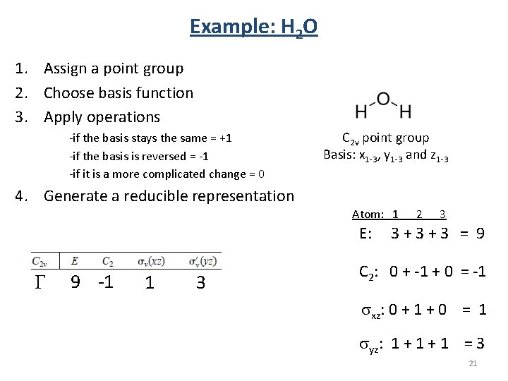 Example: H 2 O 1. Assign a point group 2. Choose basis function 3. Example: H 2 O 1. Assign a point group 2. Choose basis function 3.