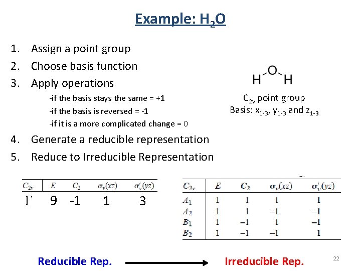 Example: H 2 O 1. Assign a point group 2. Choose basis function 3. Example: H 2 O 1. Assign a point group 2. Choose basis function 3.