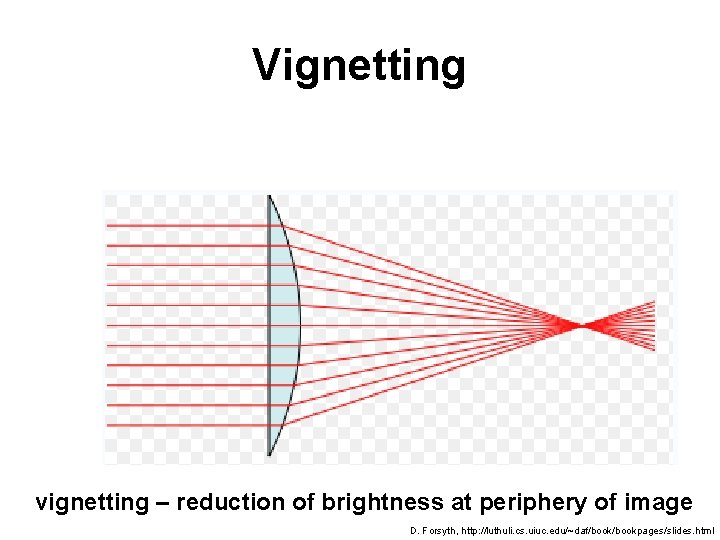 Vignetting vignetting – reduction of brightness at periphery of image D. Forsyth, http: //luthuli.