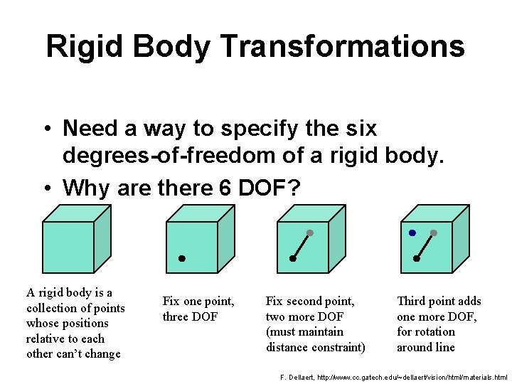 Rigid Body Transformations • Need a way to specify the six degrees-of-freedom of a