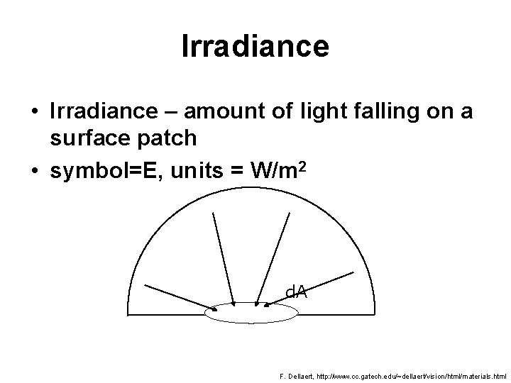 Irradiance • Irradiance – amount of light falling on a surface patch • symbol=E,