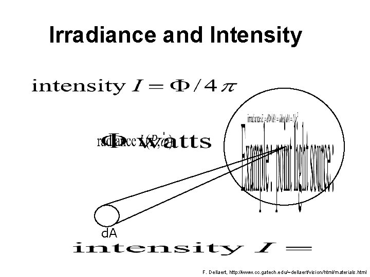 Irradiance and Intensity d. A F. Dellaert, http: //www. cc. gatech. edu/~dellaert/vision/html/materials. html 