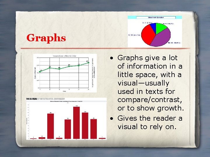 Graphs • Graphs give a lot of information in a little space, with a