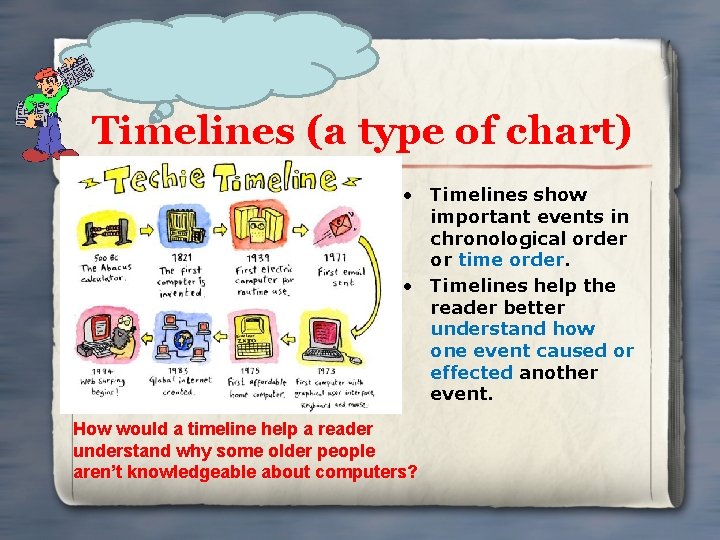 Timelines (a type of chart) • Timelines show important events in chronological order or