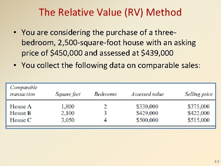 The Relative Value (RV) Method • You are considering the purchase of a threebedroom,