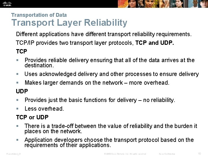 Transportation of Data Transport Layer Reliability Different applications have different transport reliability requirements. TCP/IP
