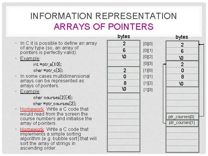 INFORMATION REPRESENTATION ARRAYS OF POINTERS • In C it is possible to define an