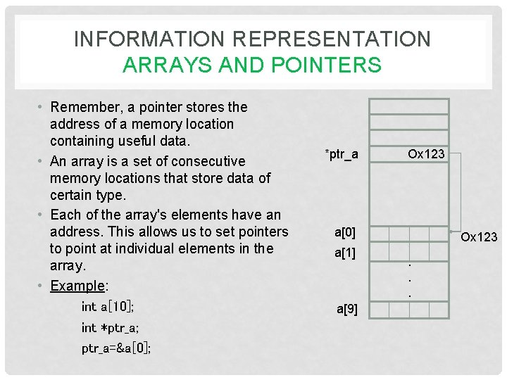 INFORMATION REPRESENTATION ARRAYS AND POINTERS • Remember, a pointer stores the address of a