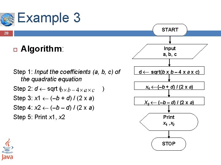 Example 3 START 28 Algorithm: Input a, b, c Step 1: Input the coefficients Example 3 START 28 Algorithm: Input a, b, c Step 1: Input the coefficients