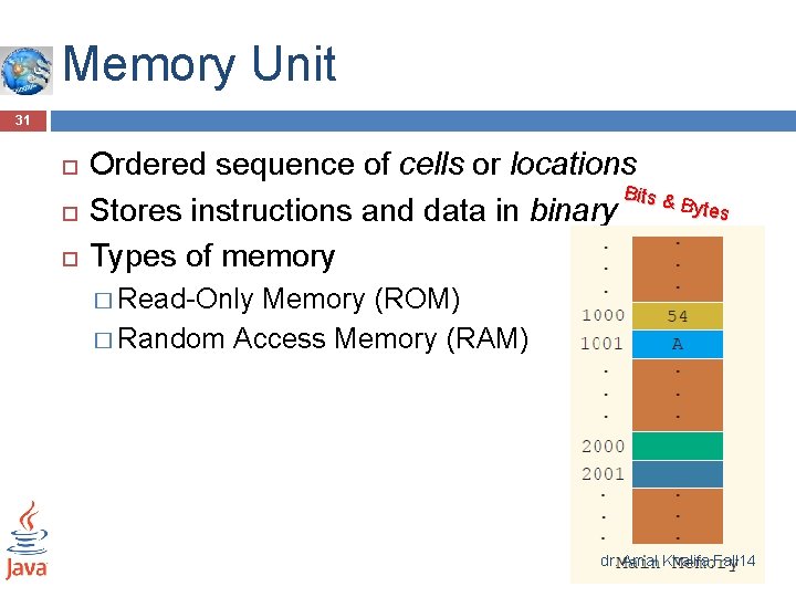 Memory Unit 31 Ordered sequence of cells or locations Bits & Bytes Stores instructions Memory Unit 31 Ordered sequence of cells or locations Bits & Bytes Stores instructions