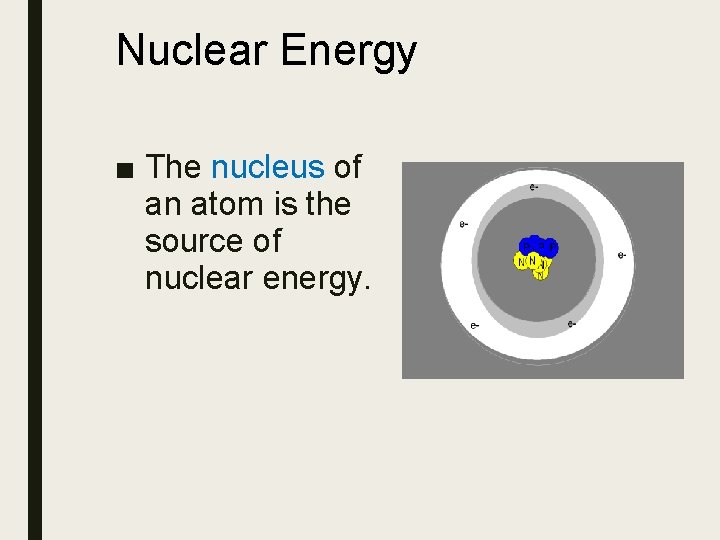 Nuclear Energy ■ The nucleus of an atom is the source of nuclear energy.