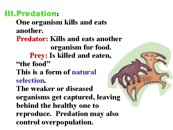 III. Predation: One organism kills and eats another. Predator: Kills and eats another organism