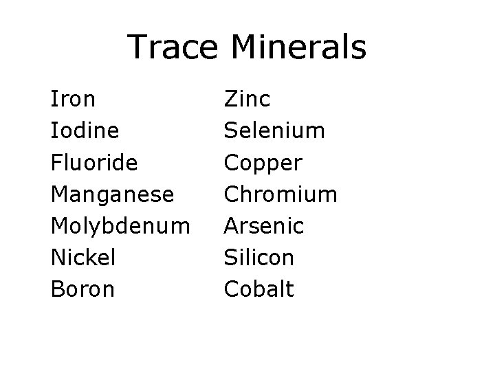 Trace Minerals Iron Iodine Fluoride Manganese Molybdenum Nickel Boron Zinc Selenium Copper Chromium Arsenic