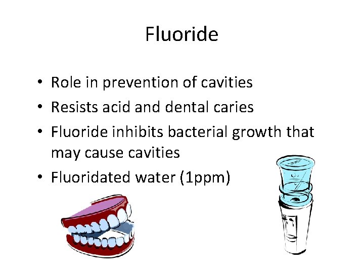Fluoride • Role in prevention of cavities • Resists acid and dental caries •