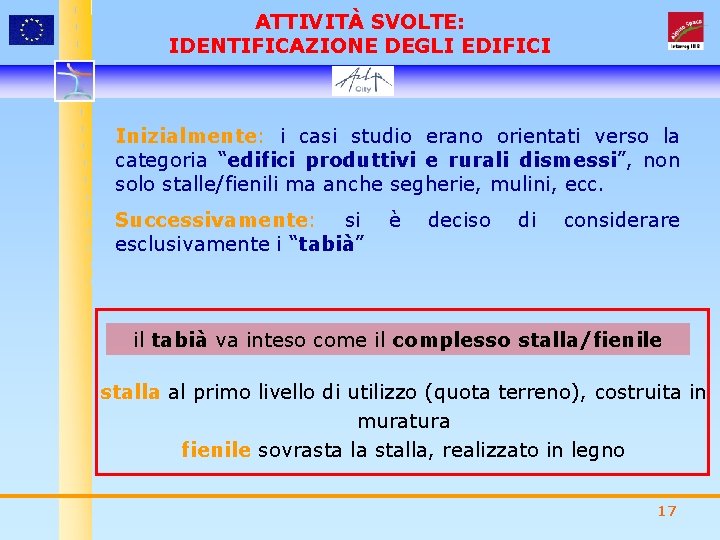 ATTIVITÀ SVOLTE: IDENTIFICAZIONE DEGLI EDIFICI Inizialmente: i casi studio erano orientati verso la categoria