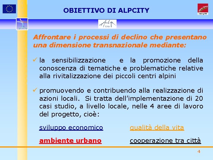 OBIETTIVO DI ALPCITY Affrontare i processi di declino che presentano una dimensione transnazionale mediante: