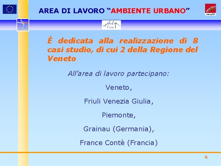 AREA DI LAVORO “AMBIENTE URBANO” È dedicata alla realizzazione di 8 casi studio, di