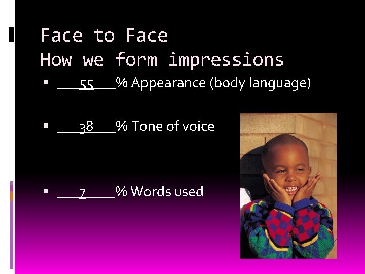 Face to Face How we form impressions ___55___% Appearance (body language) ___38___% Tone of