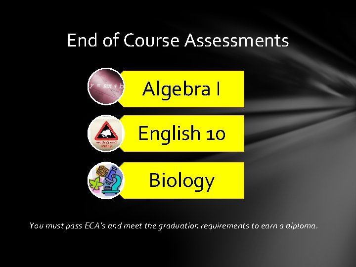 End of Course Assessments Algebra I English 10 Biology You must pass ECA’s and