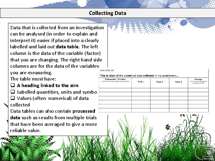 Collecting Data that is collected from an investigation can be analysed (in order to