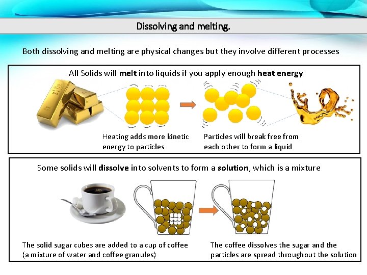 Dissolving and melting. Both dissolving and melting are physical changes but they involve different