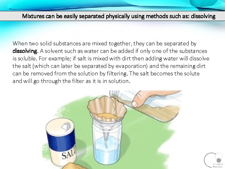 Mixtures can be easily separated physically using methods such as: dissolving When two solid