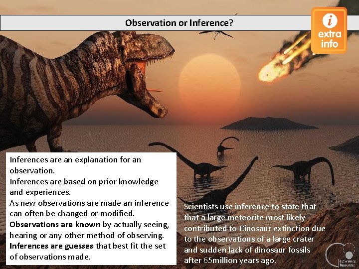 Observation or Inference? Inferences are an explanation for an observation. Inferences are based on