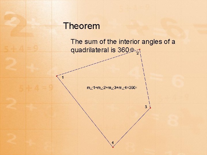 Theorem The sum of the interior angles of a quadrilateral is 360. 