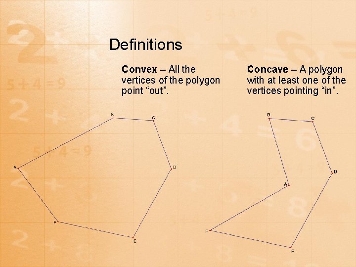 Definitions Convex – All the vertices of the polygon point “out”. Concave – A