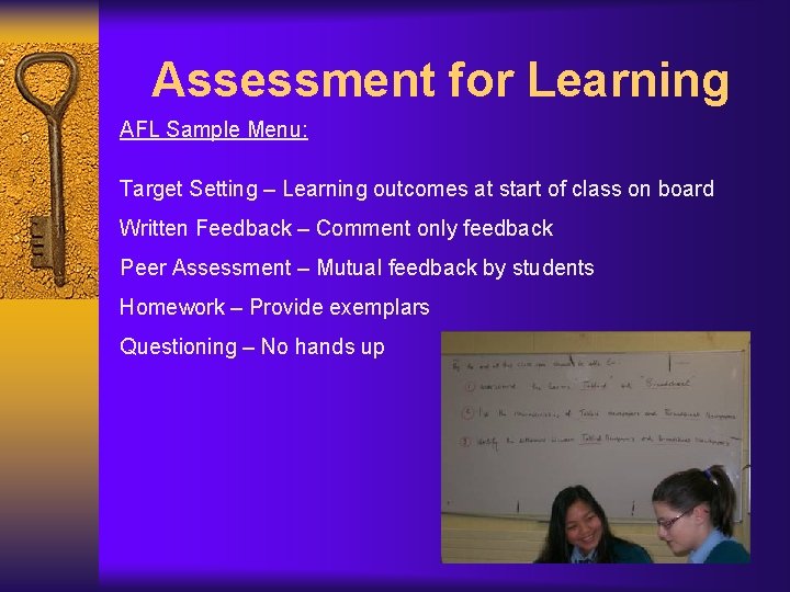 Assessment for Learning AFL Sample Menu: Target Setting – Learning outcomes at start of