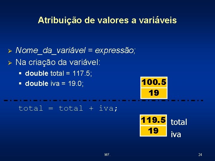 Atribuição de valores a variáveis Ø Ø Nome_da_variável = expressão; Na criação da variável: