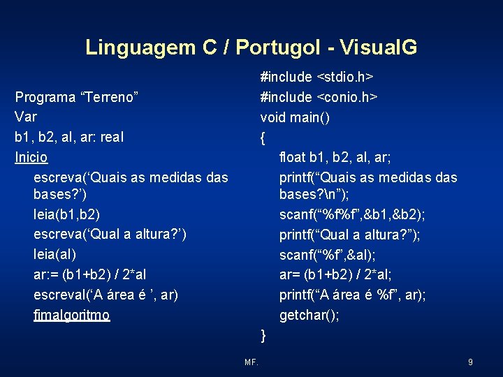Linguagem C / Portugol - Visual. G #include <stdio. h> #include <conio. h> void