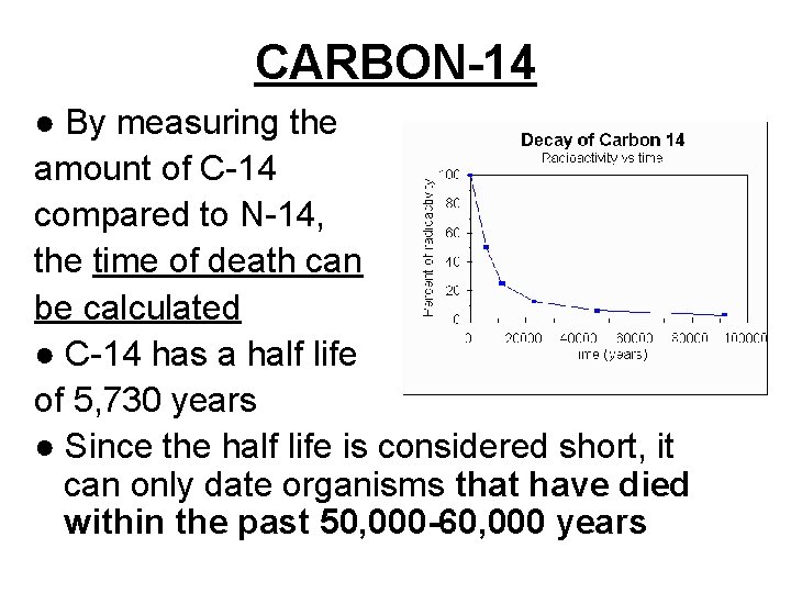 CARBON-14 ● By measuring the amount of C-14 compared to N-14, the time of CARBON-14 ● By measuring the amount of C-14 compared to N-14, the time of