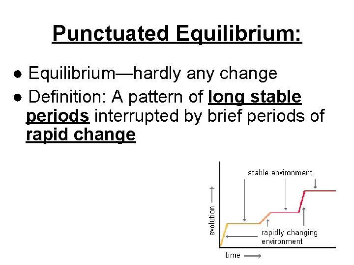 Punctuated Equilibrium: ● Equilibrium—hardly any change ● Definition: A pattern of long stable periods Punctuated Equilibrium: ● Equilibrium—hardly any change ● Definition: A pattern of long stable periods
