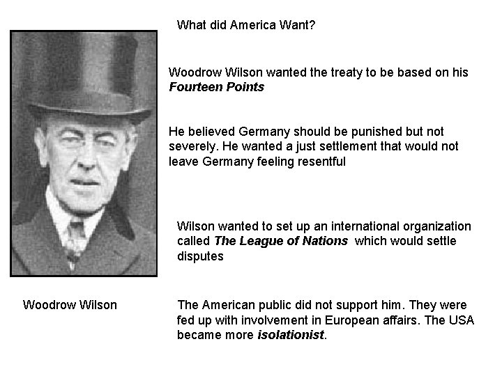 What did America Want? Woodrow Wilson wanted the treaty to be based on his