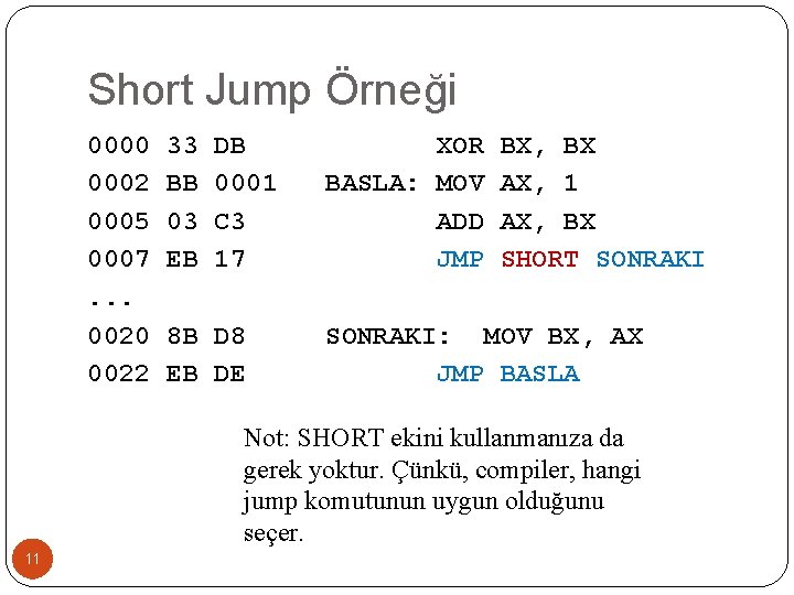 Short Jump Örneği 0000 0002 0005 0007. . . 0020 0022 33 BB 03