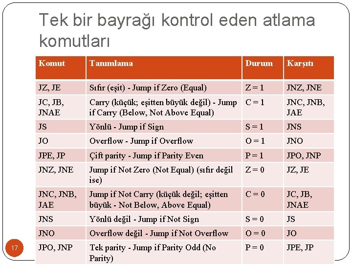 Tek bir bayrağı kontrol eden atlama komutları 17 Komut Tanımlama Durum Karşıtı JZ, JE