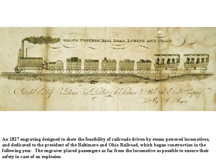 An 1827 engraving designed to show the feasibility of railroads driven by steam powered An 1827 engraving designed to show the feasibility of railroads driven by steam powered