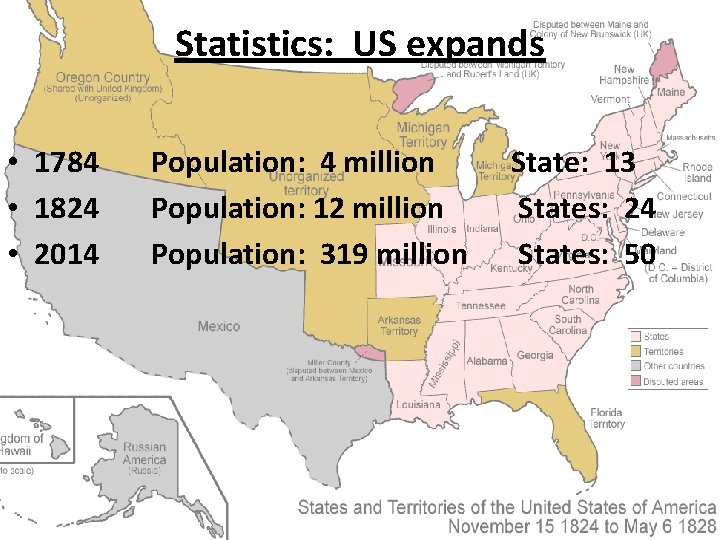 Statistics: US expands • 1784 • 1824 • 2014 Population: 4 million Population: 12 Statistics: US expands • 1784 • 1824 • 2014 Population: 4 million Population: 12