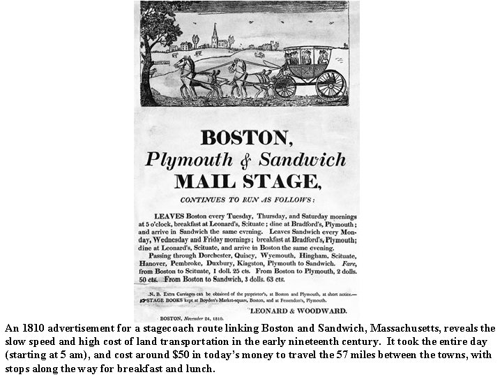 An 1810 advertisement for a stagecoach route linking Boston and Sandwich, Massachusetts, reveals the An 1810 advertisement for a stagecoach route linking Boston and Sandwich, Massachusetts, reveals the