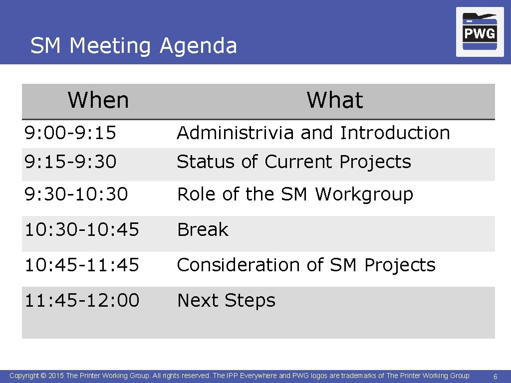 SM Meeting Agenda When What 9: 00 -9: 15 Administrivia and Introduction 9: 15