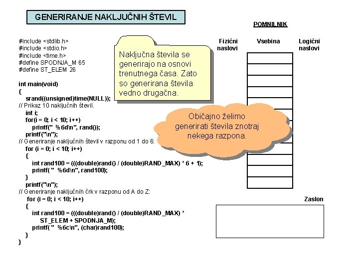 GENERIRANJE NAKLJUČNIH ŠTEVIL #include <stdlib. h> #include <stdio. h> #include <time. h> #define SPODNJA_M