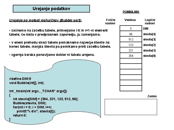 Urejanje podatkov Urejanje po metodi mehurčkov (Bubble sort): POMNILNIK Fizični naslovi • začnemo na