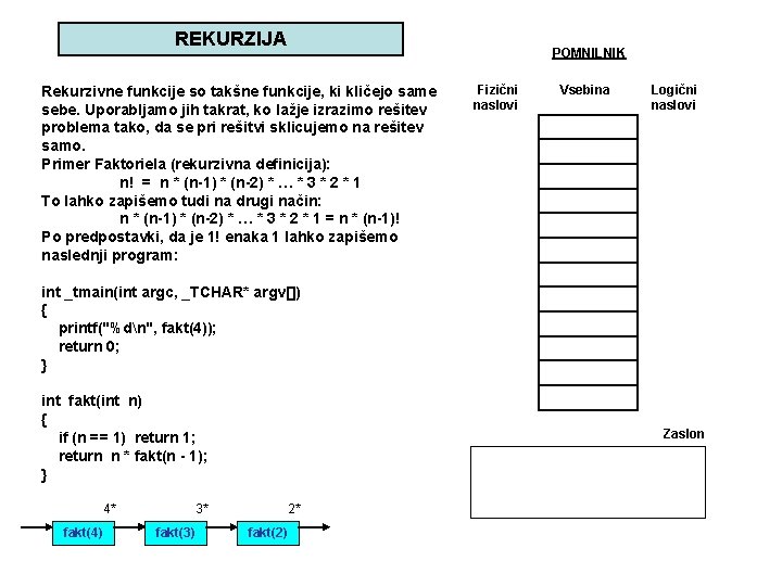 REKURZIJA POMNILNIK Rekurzivne funkcije so takšne funkcije, ki kličejo same sebe. Uporabljamo jih takrat,