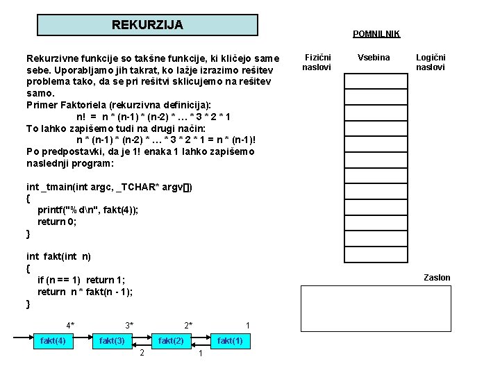 REKURZIJA POMNILNIK Rekurzivne funkcije so takšne funkcije, ki kličejo same sebe. Uporabljamo jih takrat,