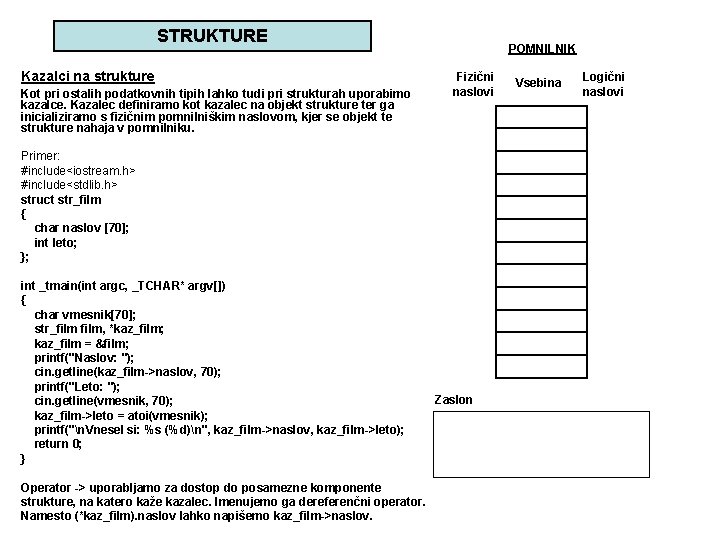 STRUKTURE Kazalci na strukture Kot pri ostalih podatkovnih tipih lahko tudi pri strukturah uporabimo