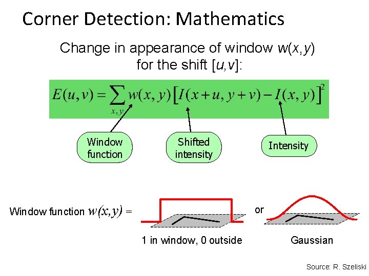 Corner Detection: Mathematics Change in appearance of window w(x, y) for the shift [u,