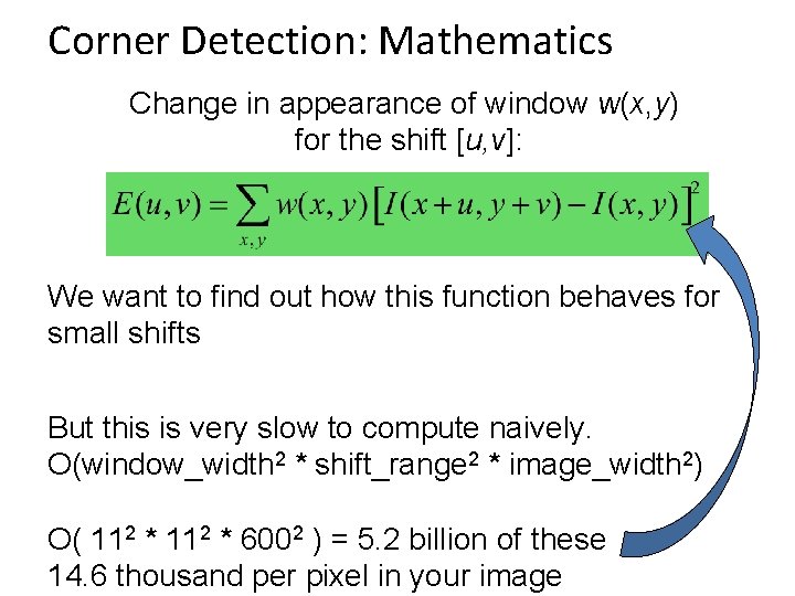 Corner Detection: Mathematics Change in appearance of window w(x, y) for the shift [u,