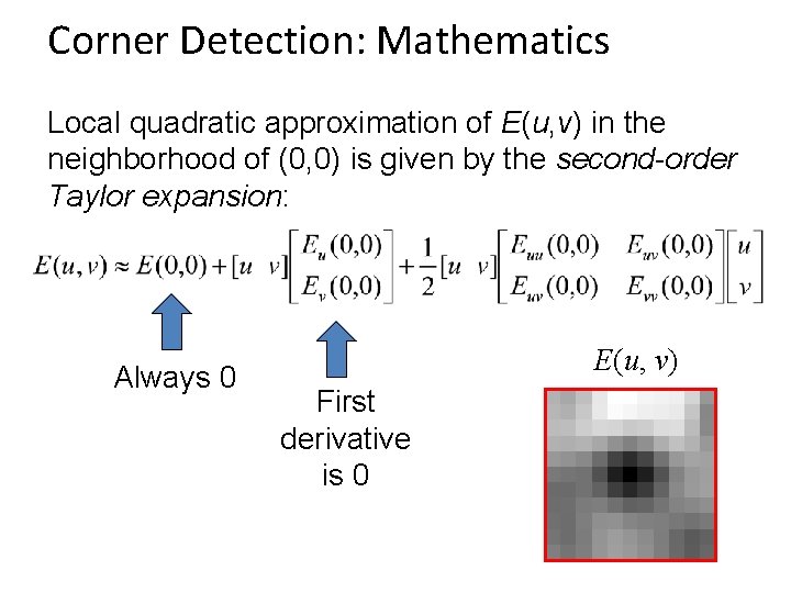 Corner Detection: Mathematics Local quadratic approximation of E(u, v) in the neighborhood of (0,