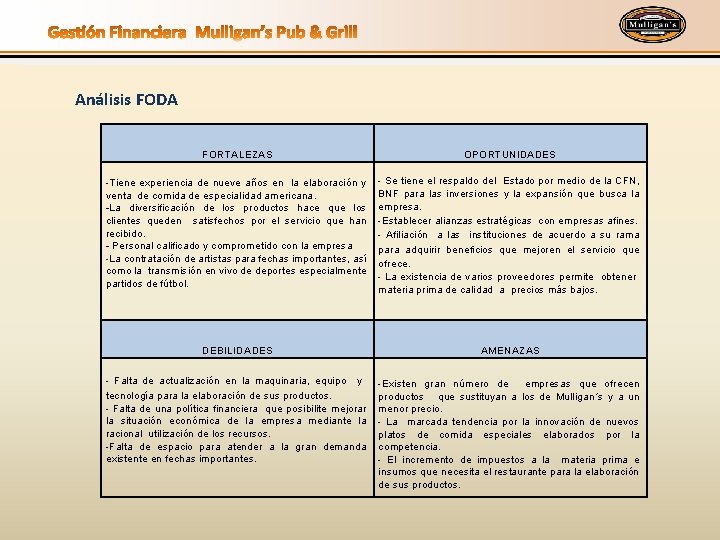 Análisis FODA FORTALEZAS OPORTUNIDADES -Tiene experiencia de nueve años en la elaboración y venta